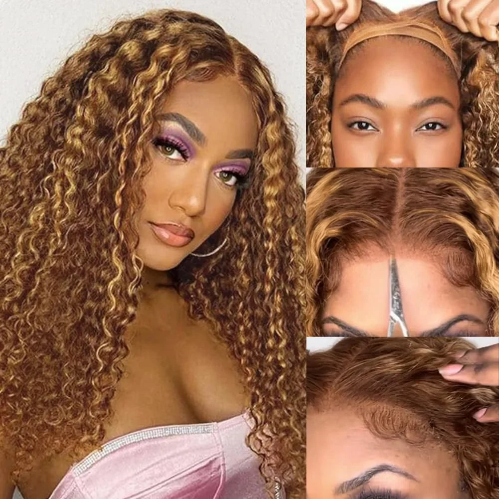 Curly Honey Blonde Glueless Wig Human Hair