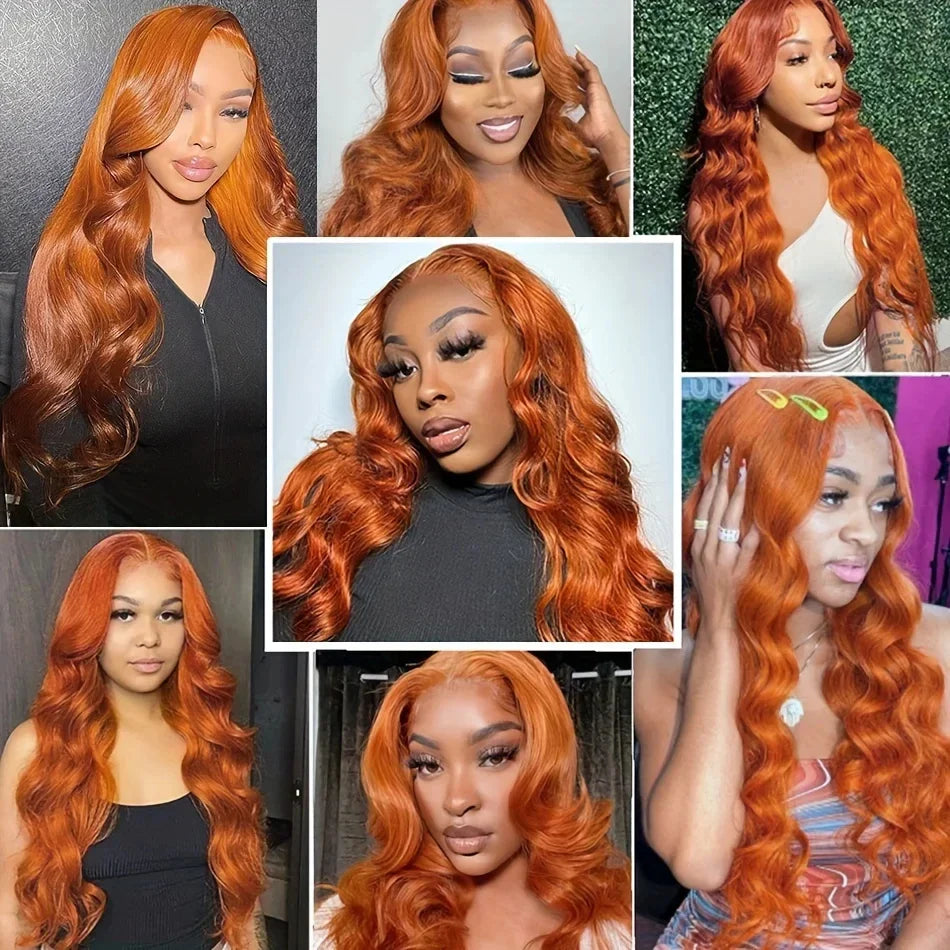 36inch Ginger Orange Lace Front Wigs Human Hair Pre Plucked 200% Density Body Wave