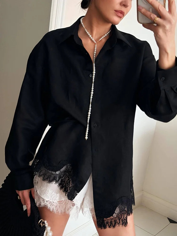 Casual Women's Matching Sets Long Sleeve Shirts Shorts Suit Lace