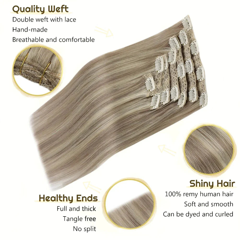 Clips In Human Hair Extensions 100% Real Human Hair Weft 7Pcs Clip in Natural hair