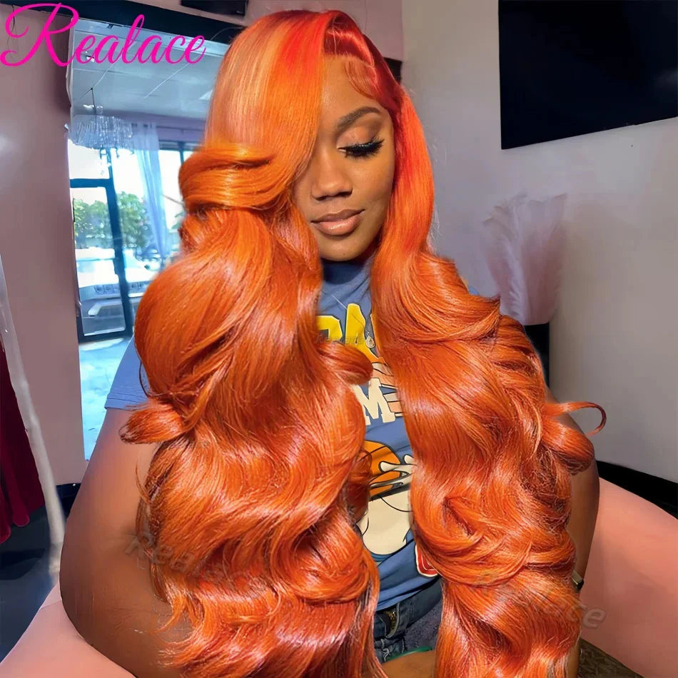 36inch Ginger Orange Lace Front Wigs Human Hair Pre Plucked 200% Density Body Wave