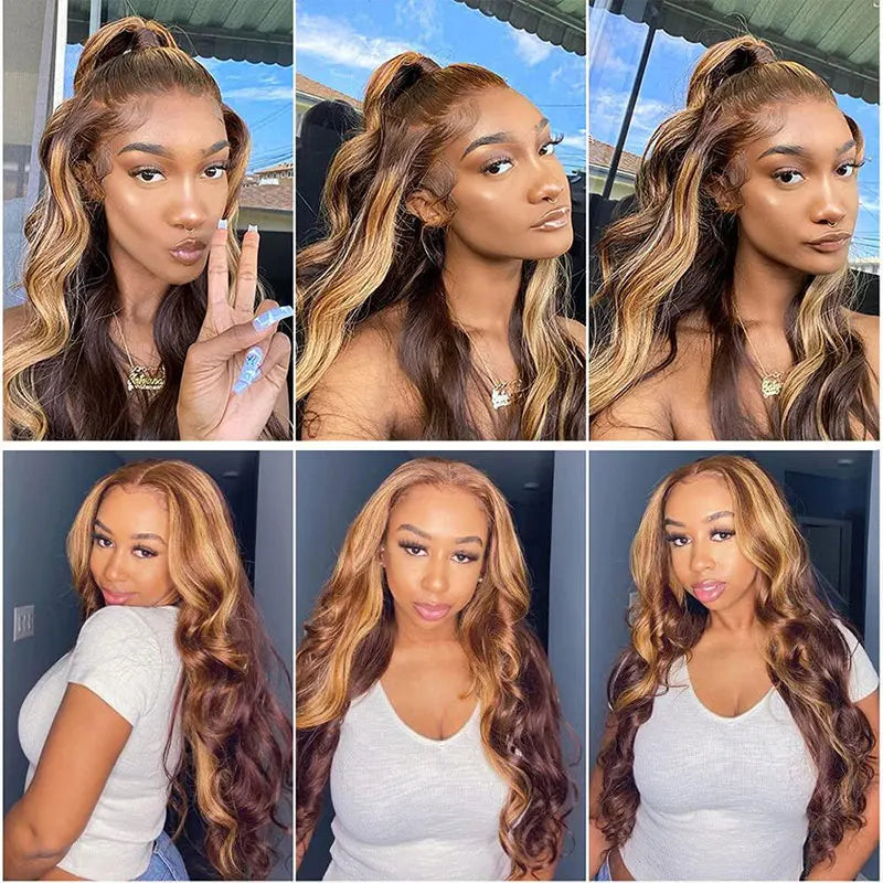 Highlight Body Wave Wig Human Hair Lace Front Wigs 4/27 Honey Blonde Body Wavy Lace Human Hair