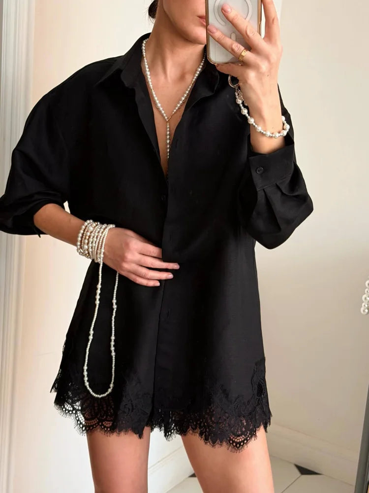 Casual Women's Matching Sets Long Sleeve Shirts Shorts Suit Lace