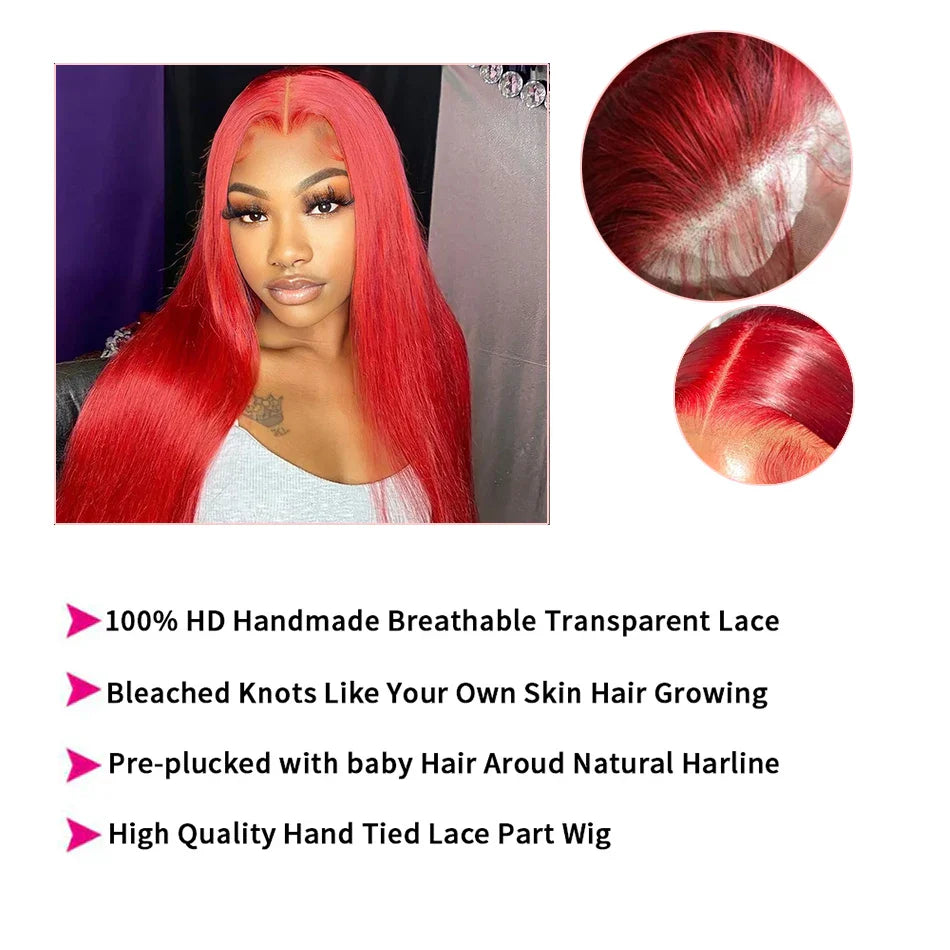 Hot Red Bone Straight 13x4 HD Transparent Lace Front Human Hair