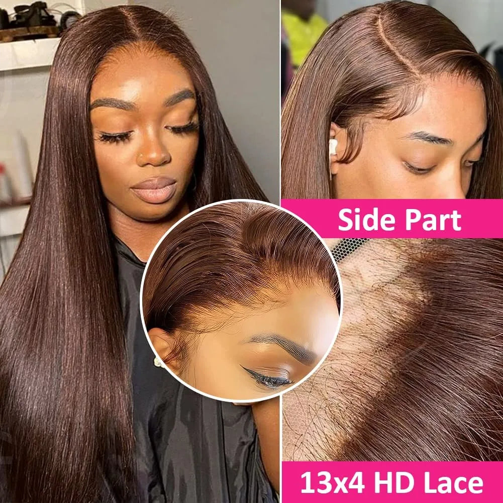30 Inch Chocolate Brown Bone Straight Lace Front Human Hair Wigs 200 Density Pre Plucked 13x4 Lace Frontal Wig