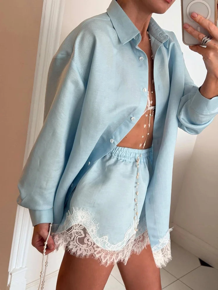 Casual Women's Matching Sets Long Sleeve Shirts Shorts Suit Lace
