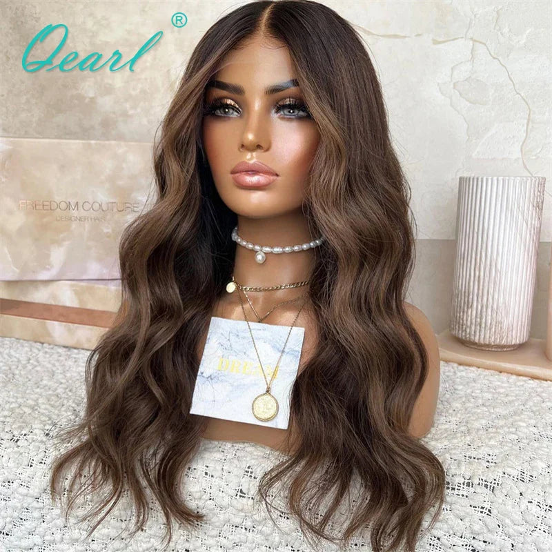 Human Hair Wigs Full Lace Ash Brown Highlights 360 Full Lace Wig