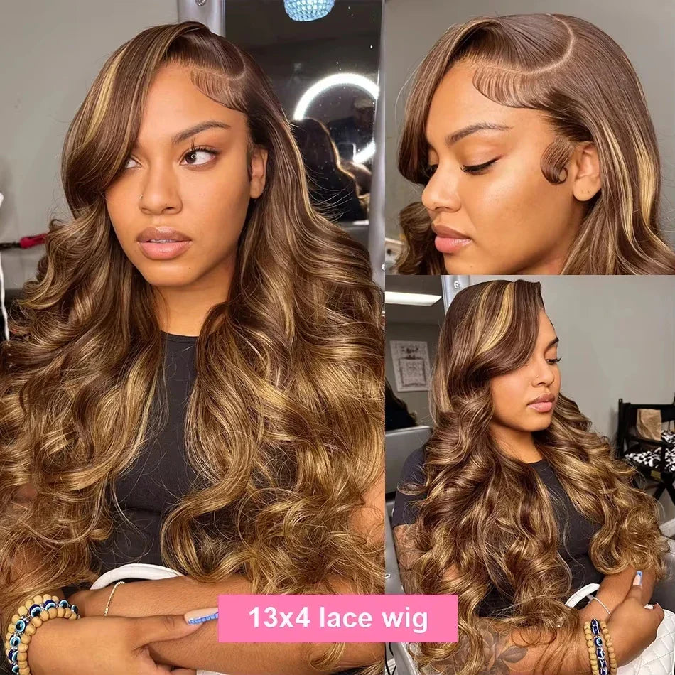 4/27 Highlight Ombre Blonde Body Wave 13x4 Lace Front Wig Brown