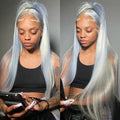 13x6 Silver Grey Straight Lace Front Human Hair Wigs Pre Plucked 613