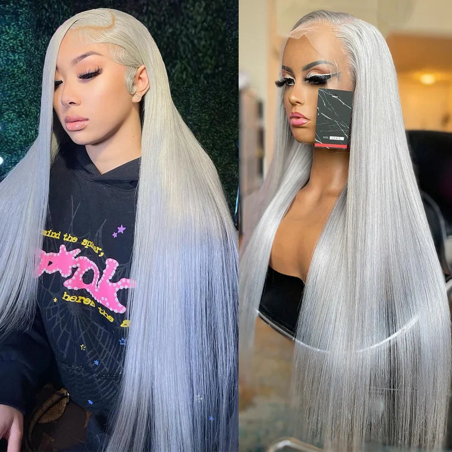 13x6 Silver Grey Straight Lace Front Human Hair Wigs Pre Plucked 613