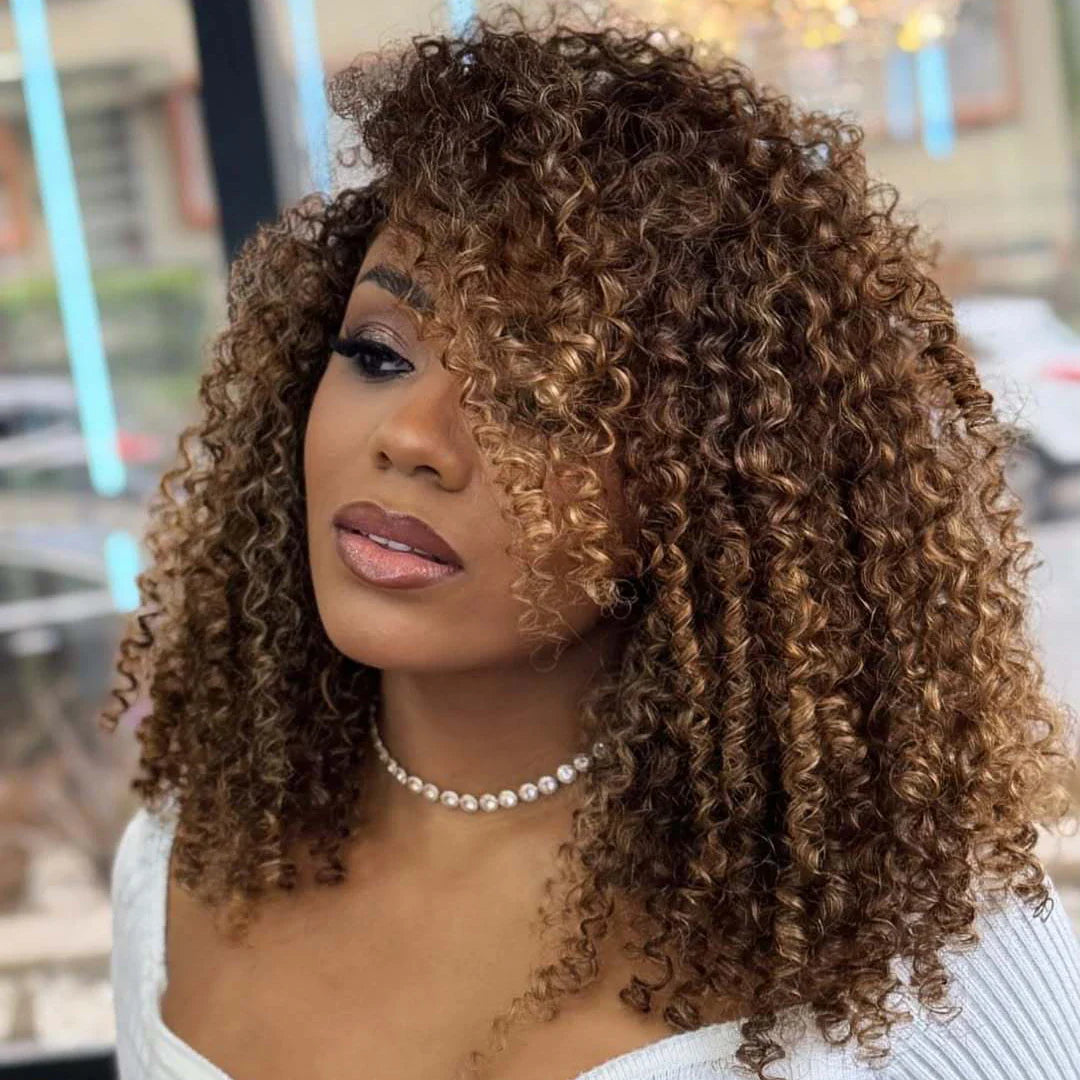 Highlight Brown Afro Kinky Curly Short Bob Human Hair Wigs For Women