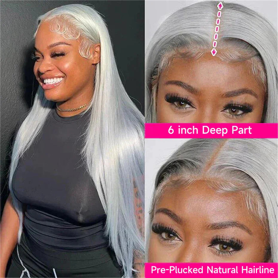 13x6 Silver Grey Straight Lace Front Human Hair Wigs Pre Plucked 613