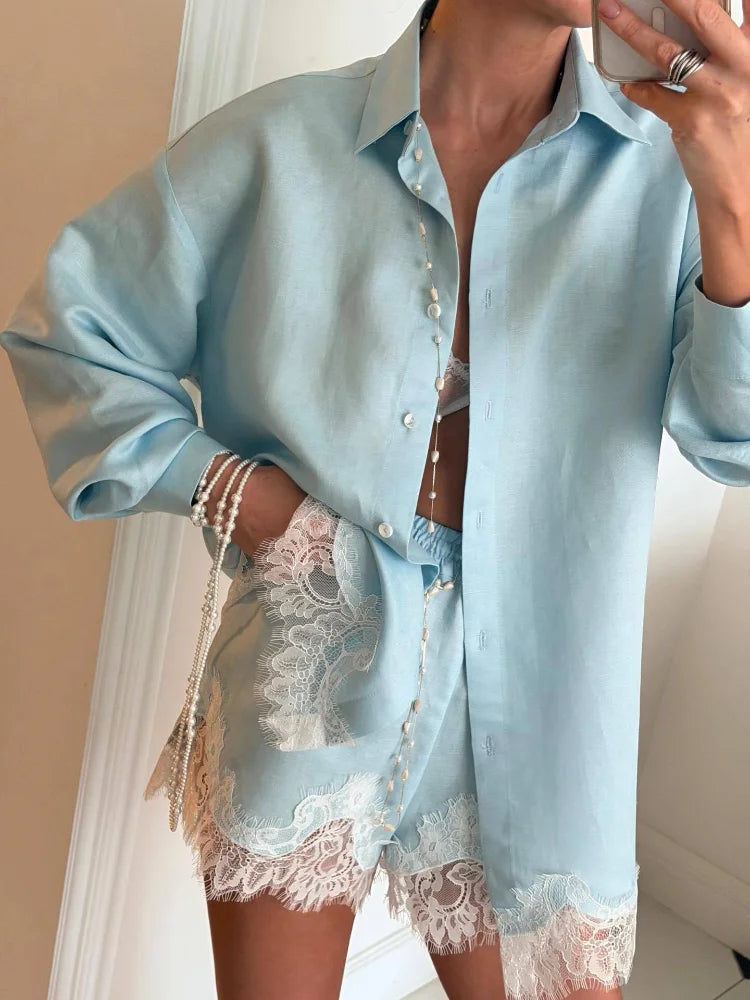 Casual Women's Matching Sets Long Sleeve Shirts Shorts Suit Lace